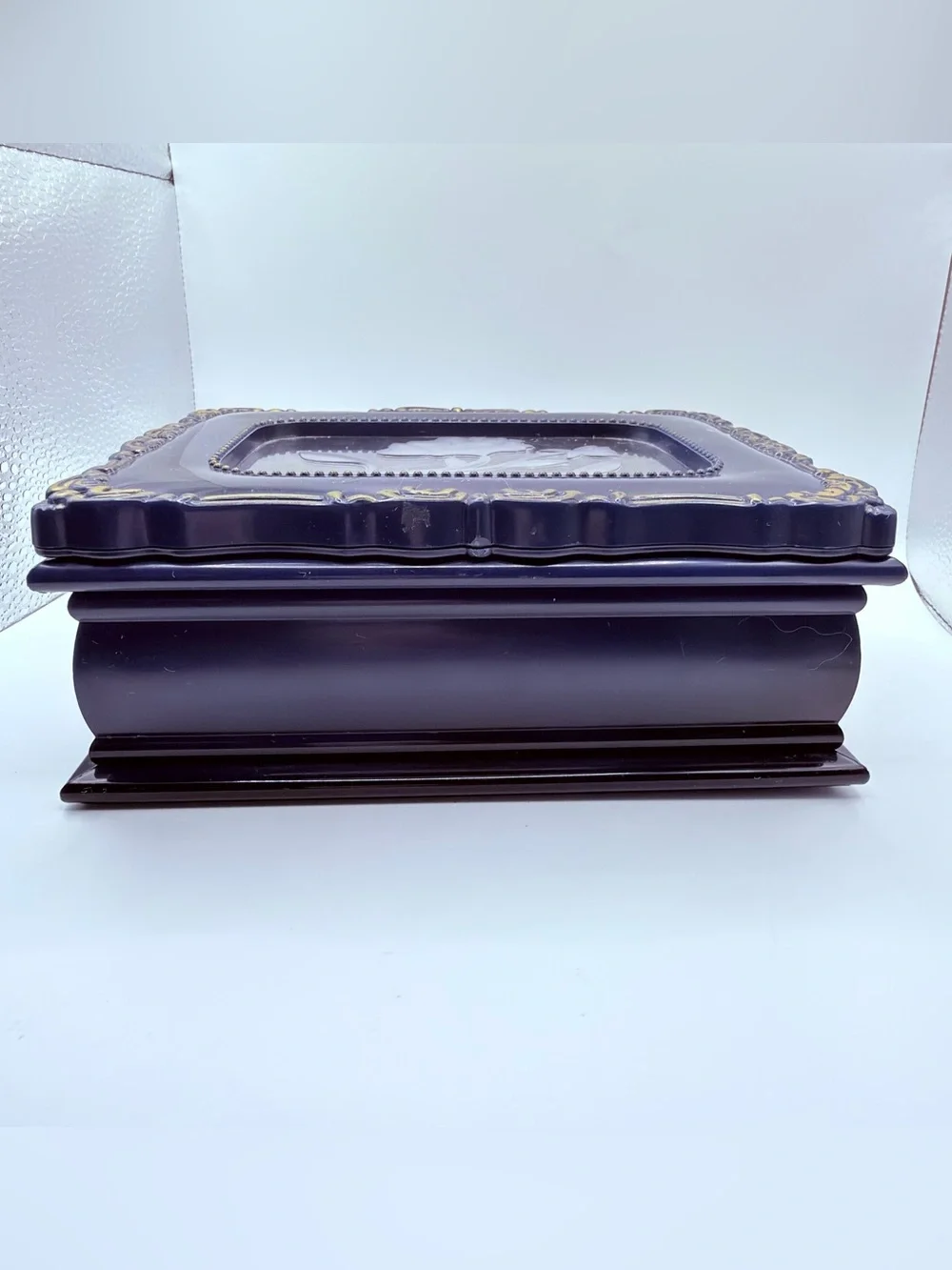 Vintage Blue Hard Plastic Jewelry Box Clear Plastic Flower Window Decor & Frame.